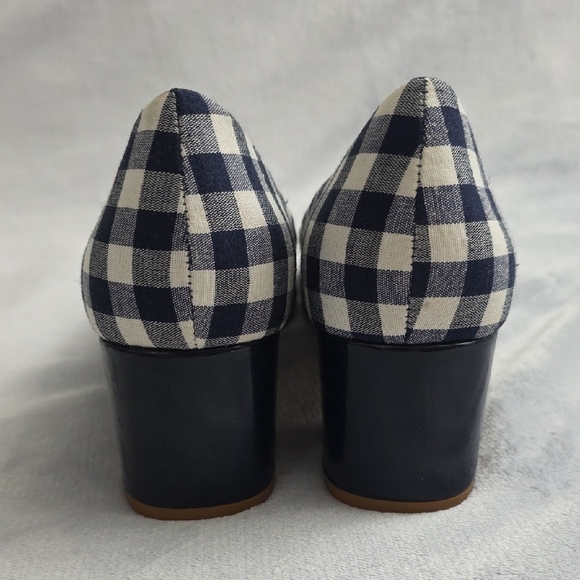 Crown & Ivy Navy Gingham Block Heel Pumps Womens Size 9 Beckie Buckle Toe - Picture 2 of 5